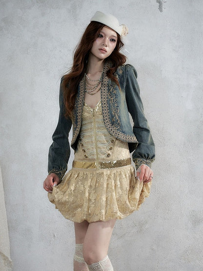 Golden Jacquard Cami Dress with Sequin Accents - NO ROMANCE