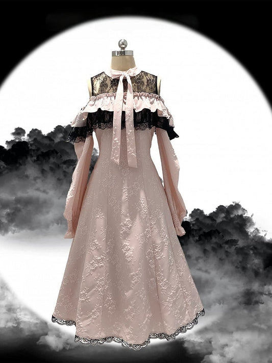 with Bow and Cutout Pink Lace Black Dress Long-Sleeve Kei Jacquard Rose Jirai Shoulder Ruffled