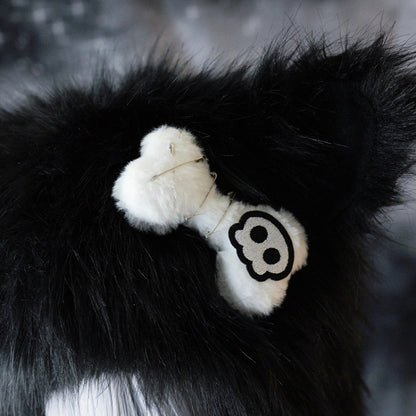 Cat Pin With Gothic Charms Bone Pompon Plush Decorated Ear Applique Skeleton Hat Black