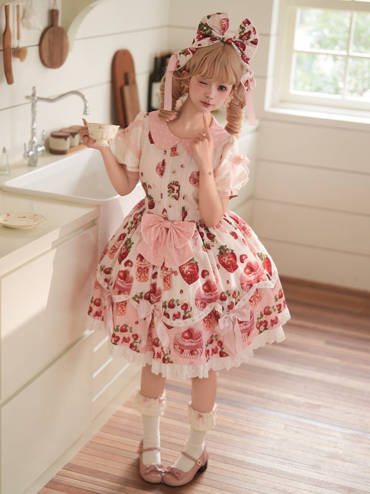 Strawberry Pink Sweet Polka-dots Peter Pan Collar Lolita Dress
