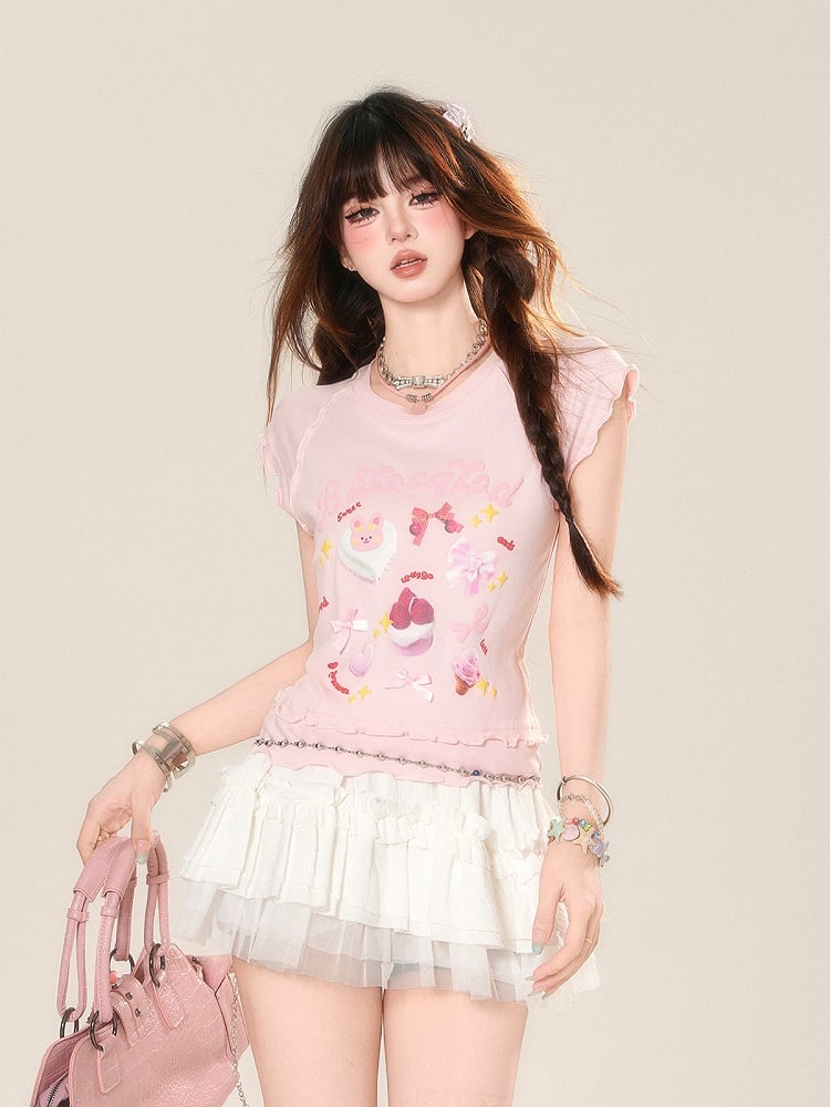 Glamorous Dessert Print Ruffled T-shirt Sweet Trim Pink/Apricot