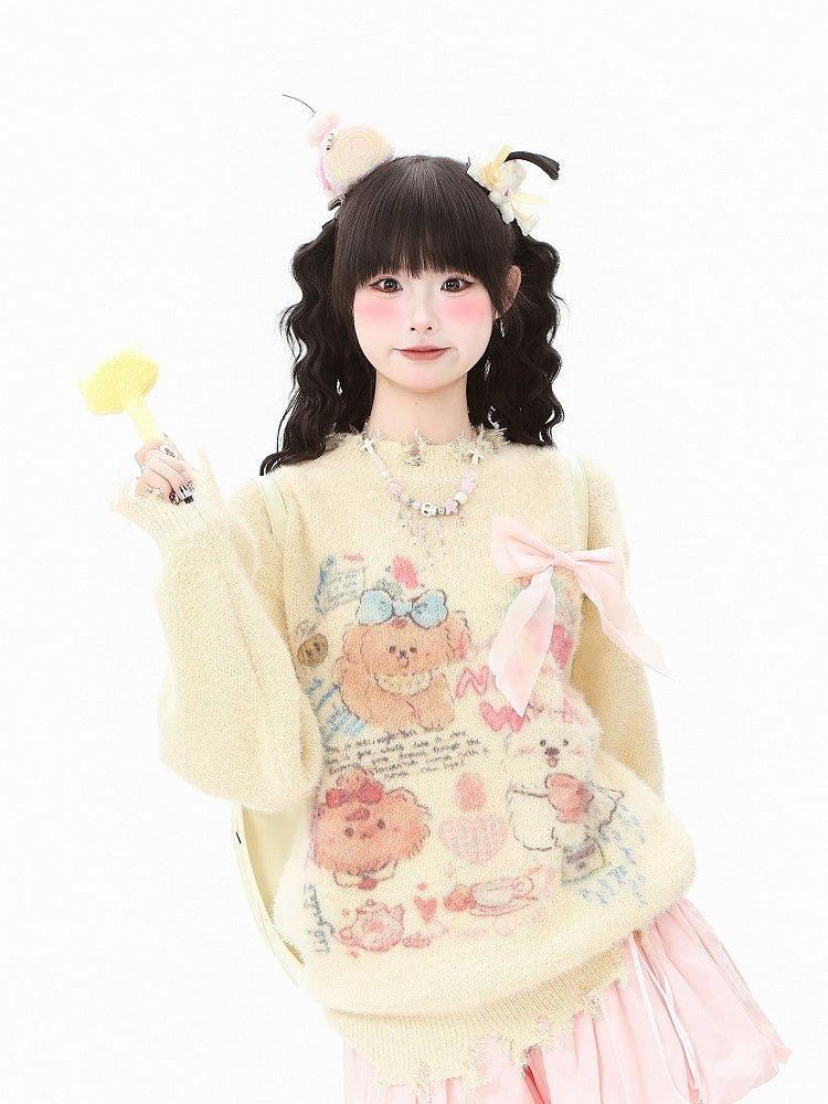 and Sweater - Hem Kawaii Apricot/Green Distressed Daily Neckline
