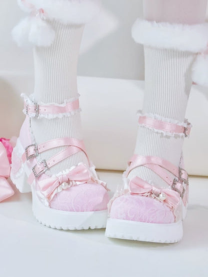 Sophisticated Sakura Pink Lolita Shoes - Sparkling Buckle Design with Back Detachable Bow & Ruffles Trim
