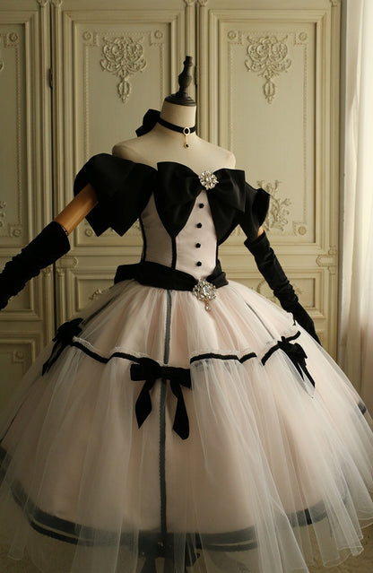 Big Bow Off-the-shoulder Neckline Pink Elegant Tea Party Lolita Tulle Dress
