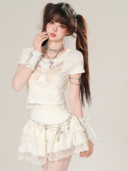 Spitzen-T-Shirt Butterfly Beige/Schwarz Glamorous Bittersweet