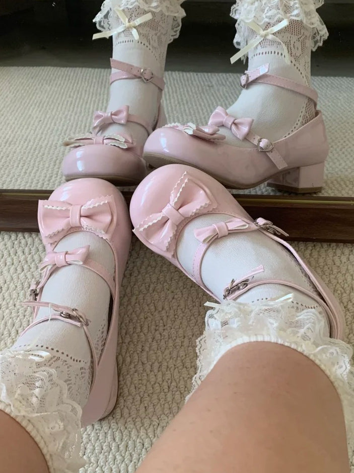 Janes Low-heel/Mid-heel Bow Mary Pink Charming Sweet Embellishments with Design Lolita