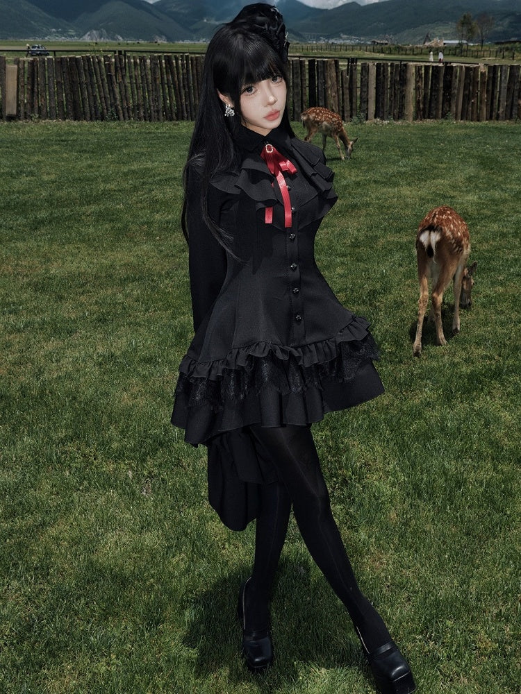 High-Low Ruffled Lolita Dress with Red Bow Tie, Long Sleeve Black for Autumn - muggle studio
