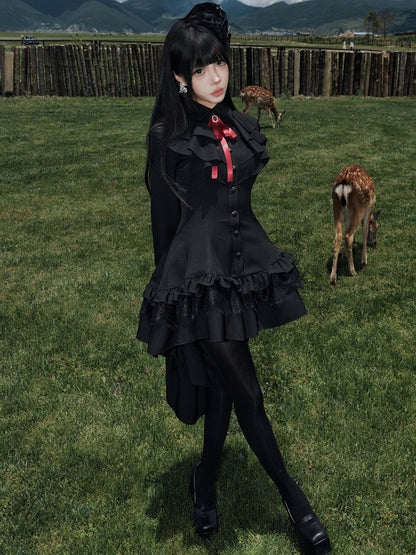 High-Low Ruffled Lolita Dress with Red Bow Tie, Long Sleeve Black for Autumn - muggle studio