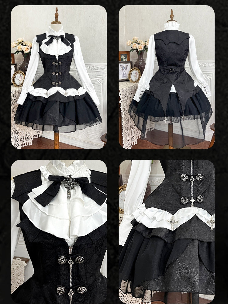 Gothic Ensemble: White & Black Lolita Shirt, Cross Charm Waistcoat, Spider Web Skirt - Unknown Star