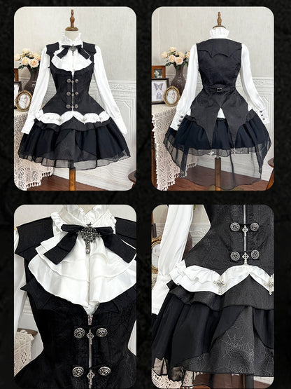 Gothic Ensemble: White & Black Lolita Shirt, Cross Charm Waistcoat, Spider Web Skirt - Unknown Star