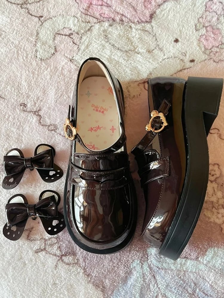 Brown Bear Detachable Buckle Bow Teddy Shoes with - Style Polished PU School Mid-heel