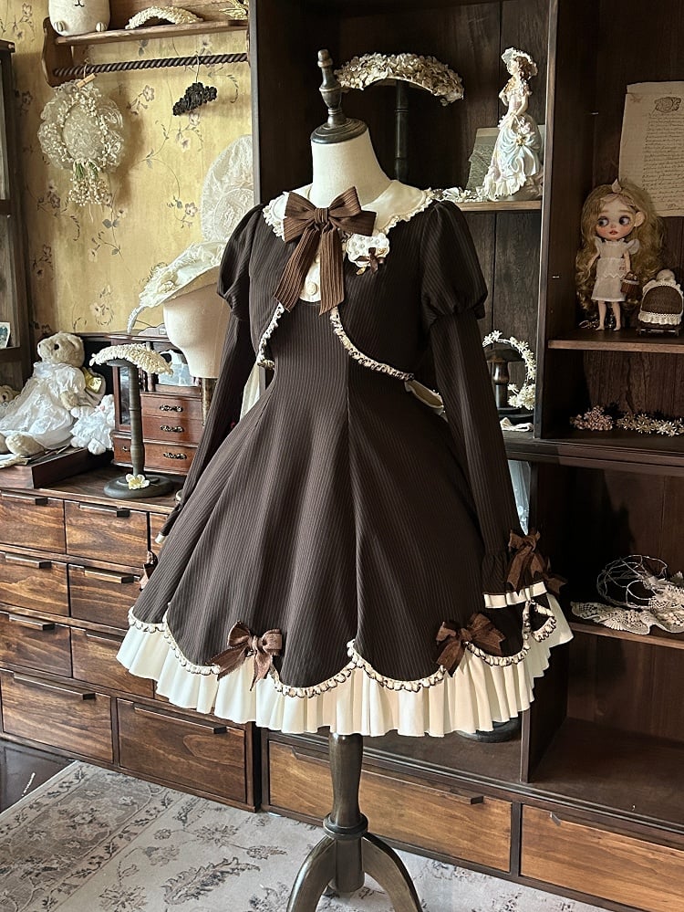 OP Boned Two-Piece Fake Cute Brown Long-Sleeve Lolita Dress