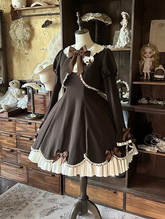 OP Boned Two-Piece Fake Cute Brown Long-Sleeve Lolita Dress