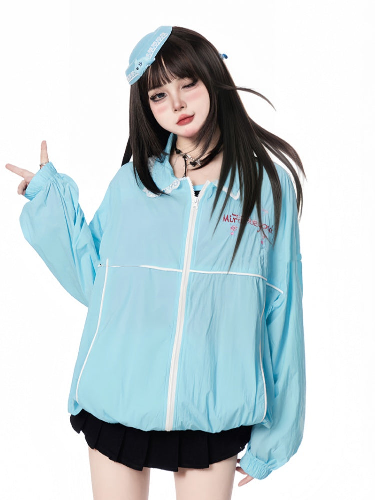 裾のシャツカラー、伸縮性のある袖口、ジップアップジャケット ブルー