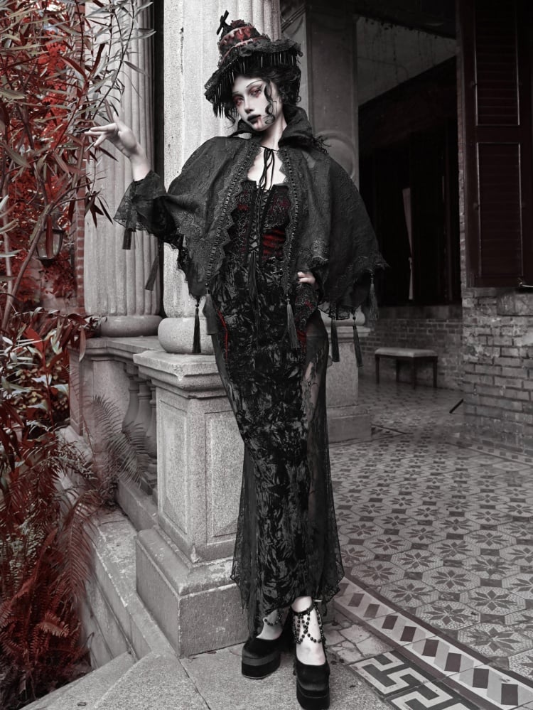 ブラックゴスヴァンパイアレースショールケープタッセルヘム