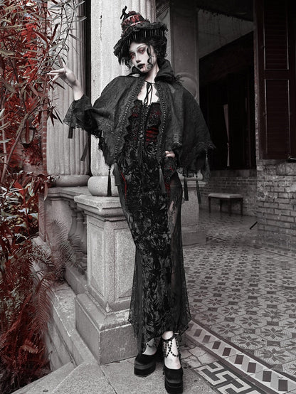 Goth Tassels Hem Lace Vampire Stand Black Collar Cape Shawl