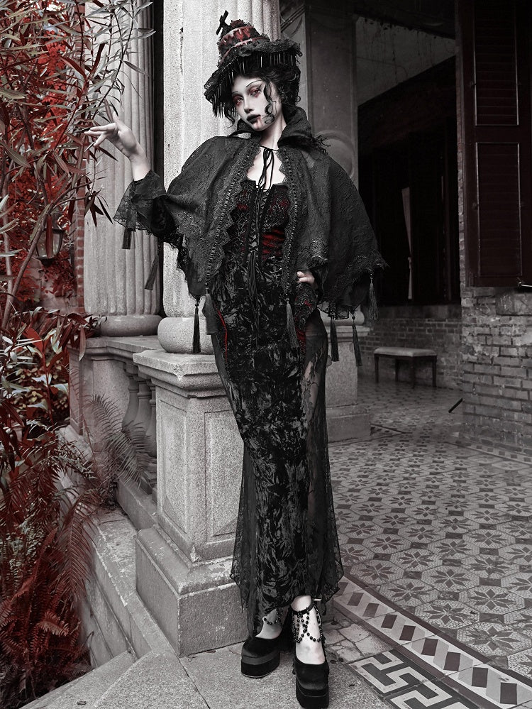 Tassels Hem Stand Shawl Lace Goth Collar Vampire Cape Black