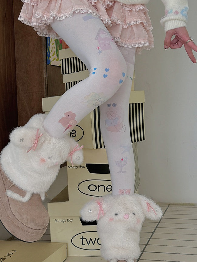 ホワイトハートベアバニープリントカートゥーンタイツ