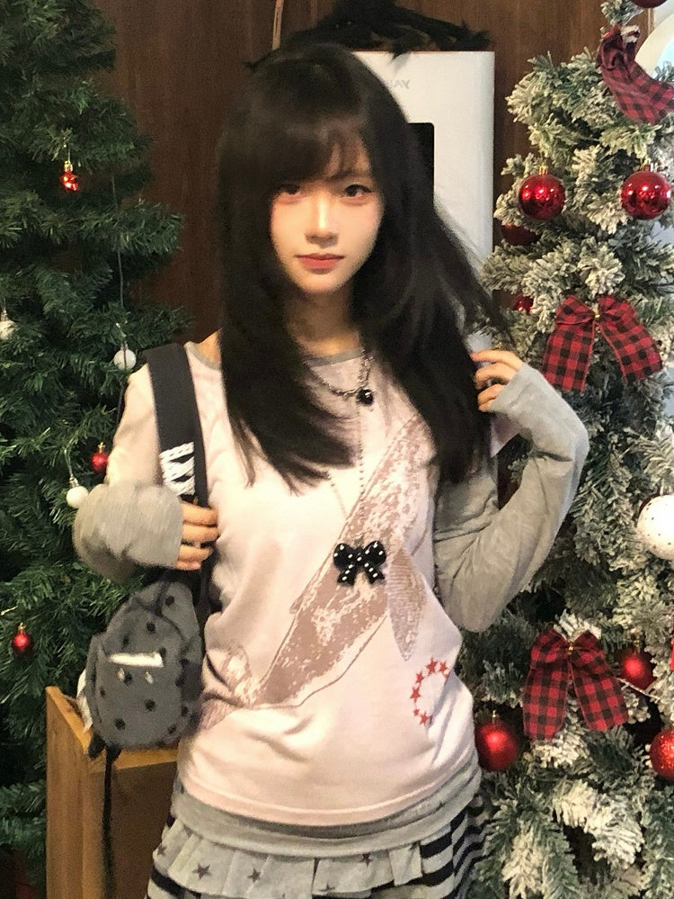 Top Pattern Grey Print Whale - Long Neck Two-piece Sleeve Pink Star Round