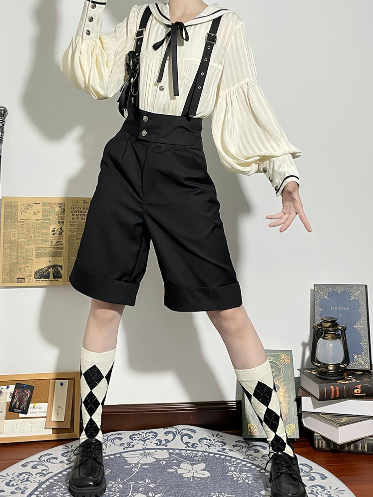 Ouji mit Aprikosen-Langshorts, gerades Bein, modische Schulter + Kragen, Lolita-Outfit-Träger, Matrosenärmel-Shirt – Schwarz