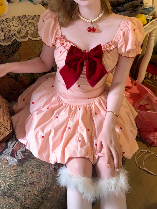 Embroidery Sleeves Bubble Hem Dress with Puff Pink and Floral