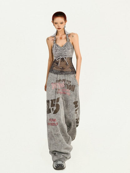 Casual Gray Vintage Wide Leg Trousers with Letter Print Pattern