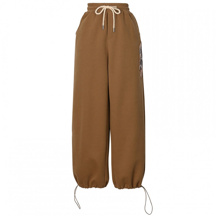 Brown Drawstring Cuffs Wide-Leg Pants Millard Fashion Prince Print Vintage