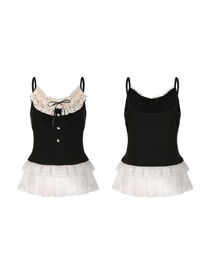 Top Size Hem Knit Polka Ruffle Neckline Black Plus Cami Dot White with Lace