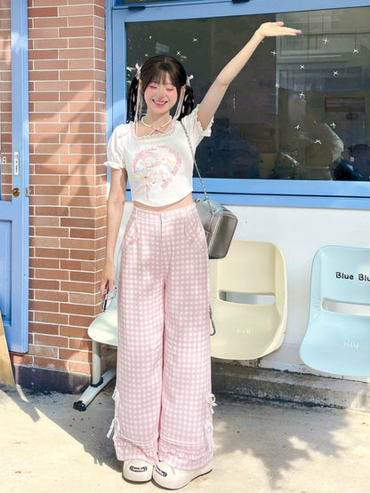 ピンクチェック柄ハイウエストレースリボンワイドレッグパンツ（レギュラー/ショート）