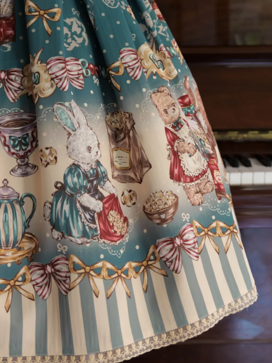 Teal Halter Lolita OP Dress with Popcorn Bear Print, Long/Short Version - Sweet Dream