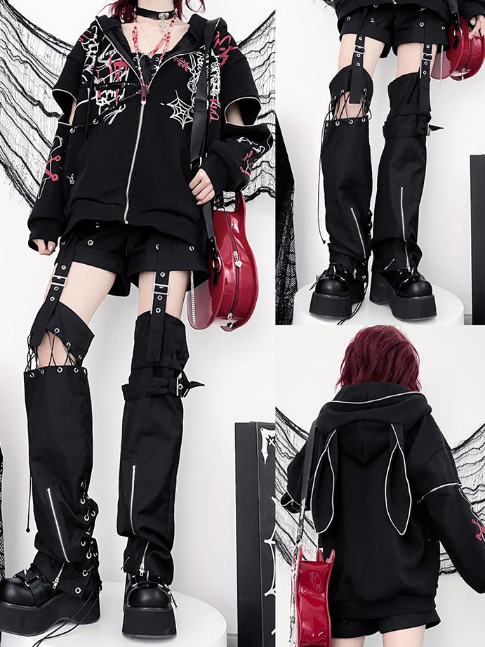 Zip-Up Sleeves with Y2K Graphic Black Hoodie Bunny Ears Print Zipper