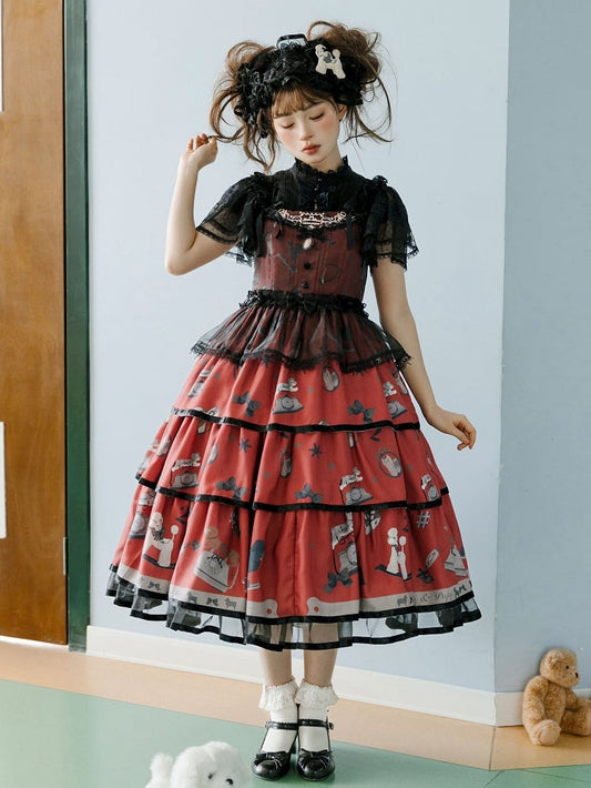 Puppy and Telephone Print Tiered Skirt Black and Red Sweet Lolita Jumper Skirt