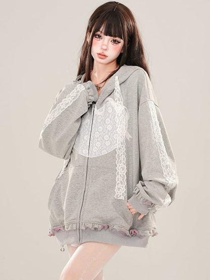 Grey  Lace Applique Ruffle Trim Zip Hoodie
