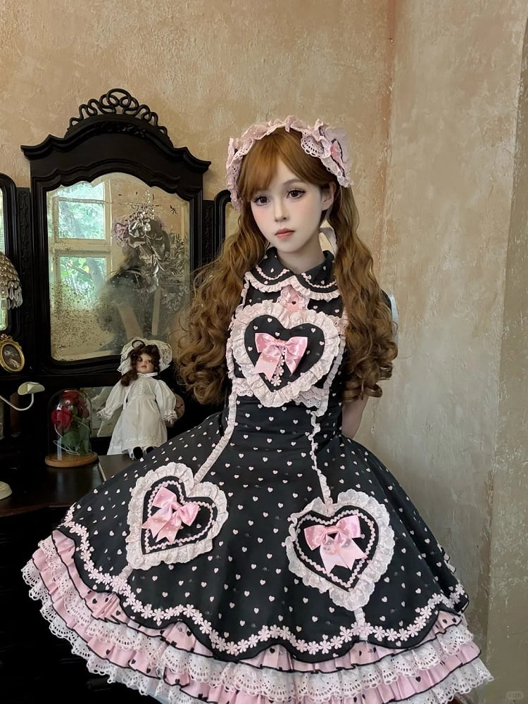 Heart Sweetheart Applique Lolita Sweet Dot Pink Dress Bow Accents Black with Polka