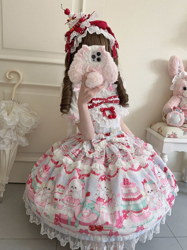 Puppy Sweet Jumper Niedlicher Rock Bunny Print und Kleid Lolita Blau