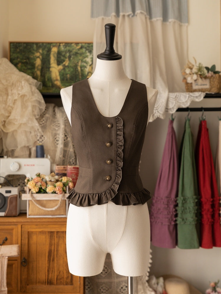 Brown Ruffle-Trim Button-Front Waistcoat