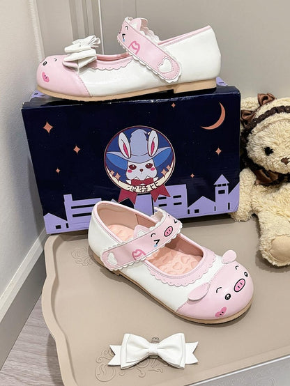 Flats Edge with PU Pink Velcro Detachable Print Bow Scalloped Sweet Piggy - Lolita