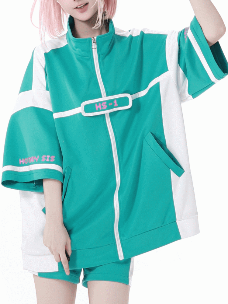 Weißes Landmine Green Style Jirai Kei Sweatshirt mit Reißverschluss und ellenbogenlangen Ärmeln