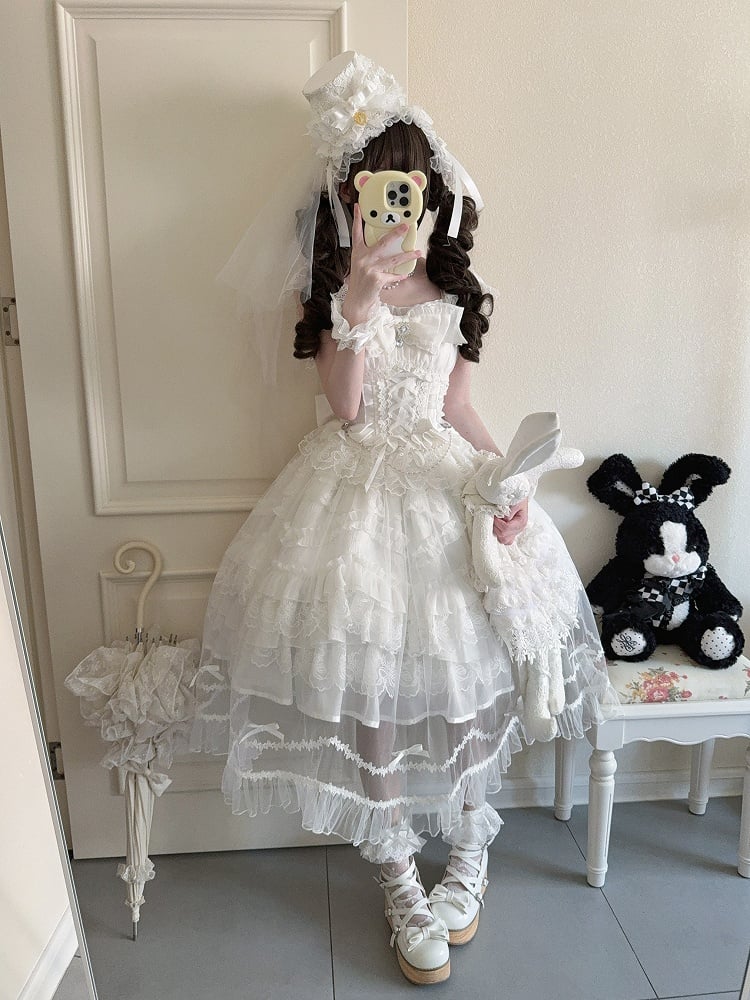 Multi-Layer JSK + Lace Dress Bows Details White / Pure Hanayome-Style Full Overlay Rhinestone Lolita with Set