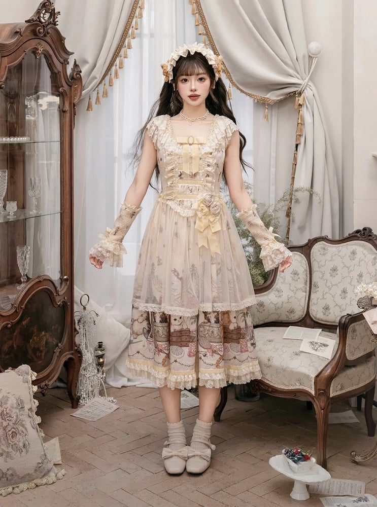 Beige Cat Print Lace Ruffles Sweet Lolita JSK Dress with Drawstring Overlay - NyaNya