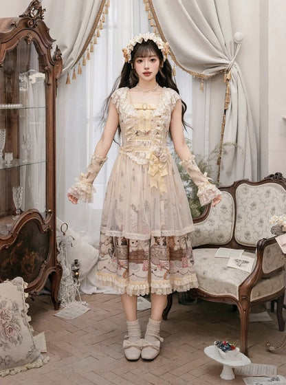 Beige Cat Print Lace Ruffles Sweet Lolita JSK Dress with Drawstring Overlay - NyaNya