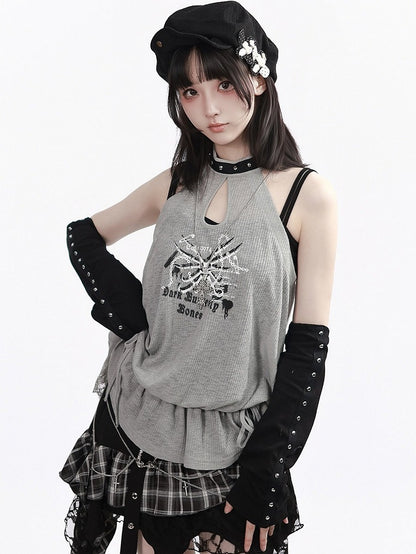 Skeleton Print Gray Studded Halter Sleeveless Peplum Top - PINK SAVIOR
