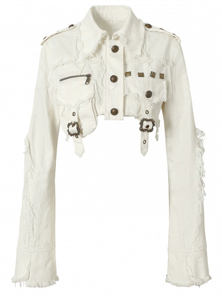 スタッズバックル装飾とウェイストランドクロップドホワイトパンクジャケット