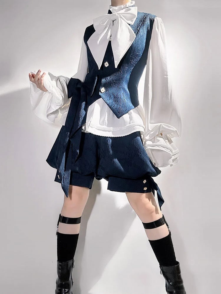 Blaue, modische Weste aus Jacquard mit Ouji-Kragen und Prince-Stil-Bändern