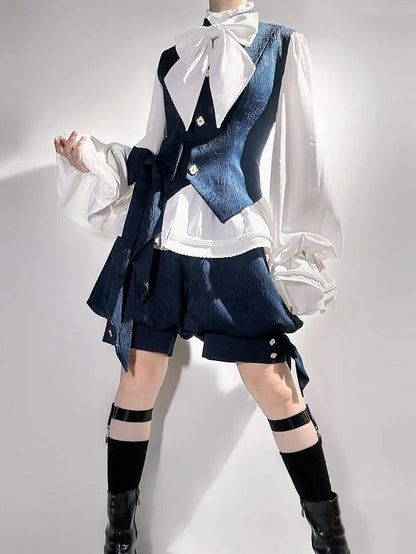 Blaue, modische Weste aus Jacquard mit Ouji-Kragen und Prince-Stil-Bändern