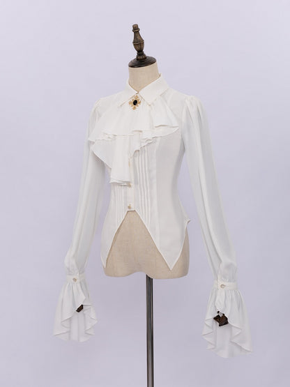 White Pleated Shirt with Foldover Collar, Ruffle Cuffs, and Jabot Tie - DevilInspired Exclusive Collection