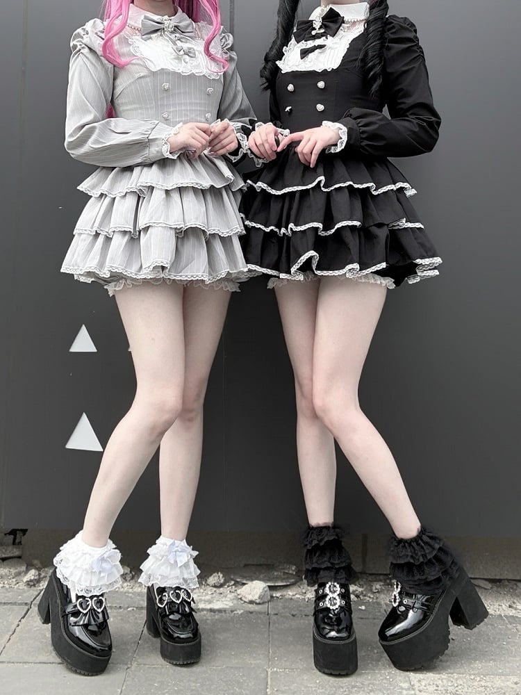 Black Jirai Kei Two-Piece Set with Tiered Ruffle Dress, Bows, Lace & Bloomers - Virtual Paradise