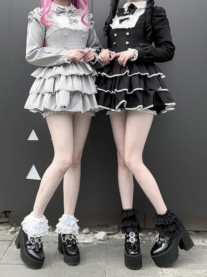 Black Jirai Kei Two-Piece Set with Tiered Ruffle Dress, Bows, Lace & Bloomers - Virtual Paradise