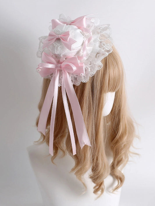 Hat White Mini Pink with Bow Pearl Lace Satin Accents