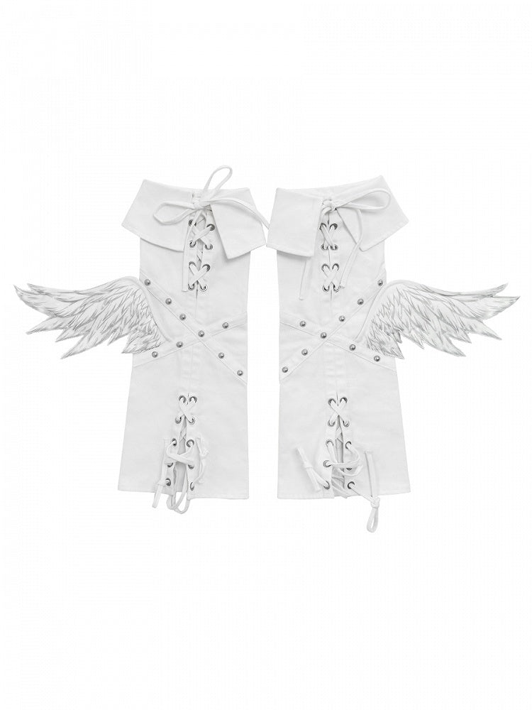 Details Leg White Angel Warmers Studded with Crisscross Punk Laces Wing